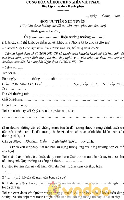 Mẫu đơn ưu tiên xét tuyển