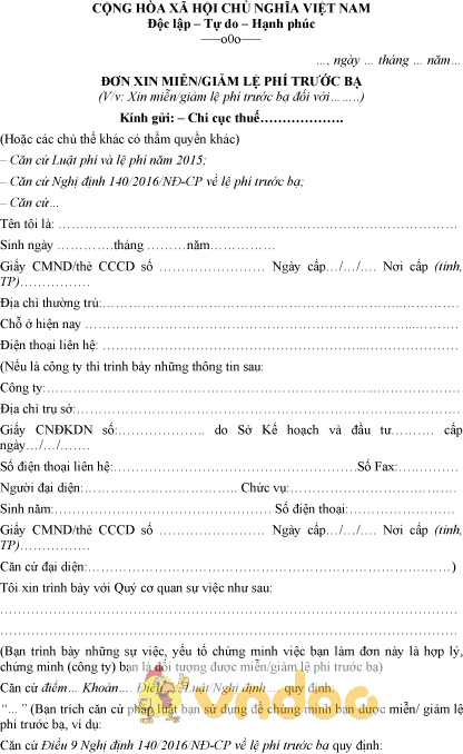 Mẫu đơn xin miễn giảm lệ phí trước bạ