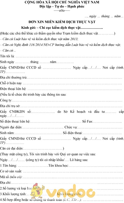 Mẫu đơn xin miễn kiểm dịch thực vật