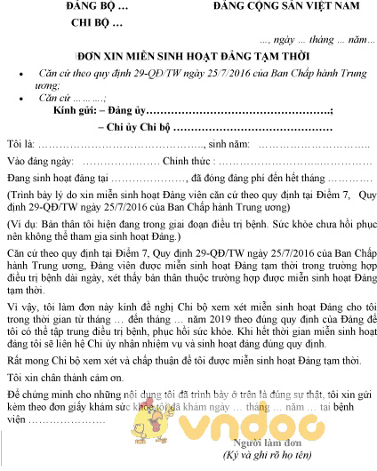 Mẫu đơn xin miễn sinh hoạt Đảng tạm thời