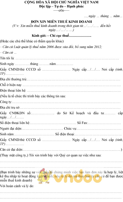 Mẫu đơn xin miễn thuế kinh doanh