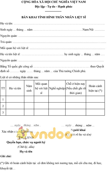 Mẫu bản khai tình hình thân nhân liệt sỹ