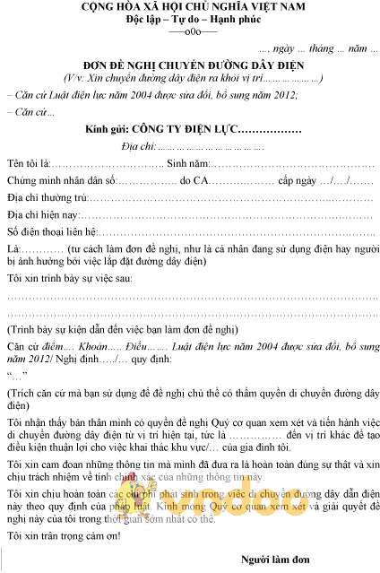Mẫu đơn đề nghị chuyển đường dây điện đi chỗ khác
