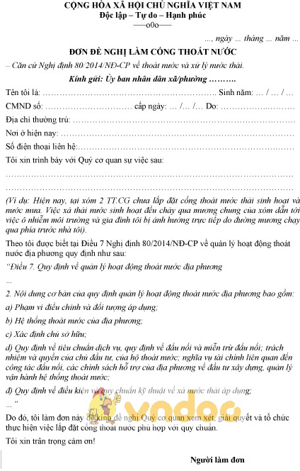 Mẫu đơn đề nghị làm cống thoát nước