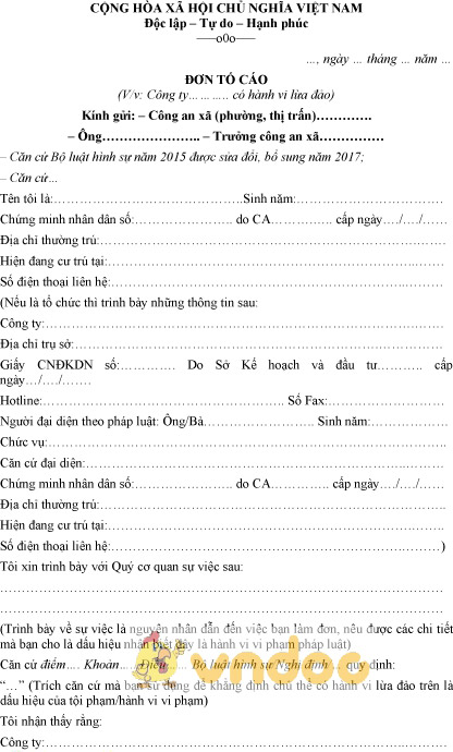 Mẫu đơn tố cáo công ty lừa đảo