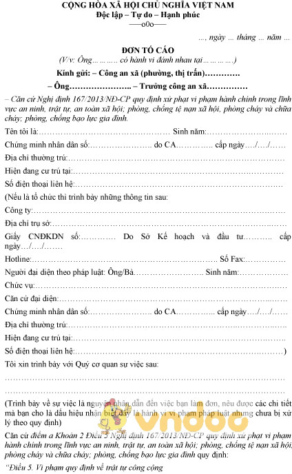 Mẫu đơn tố cáo đánh nhau