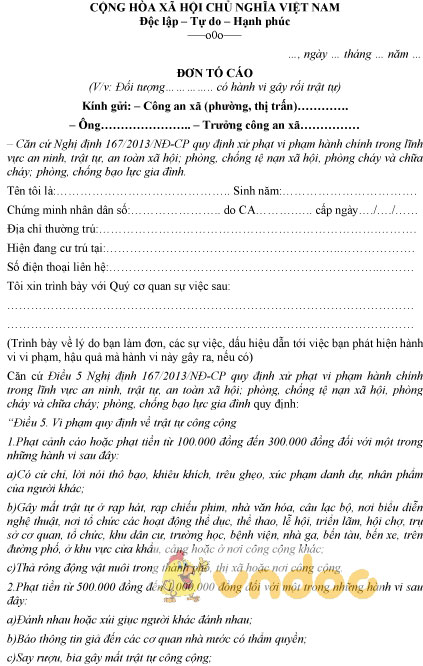 Mẫu đơn tố cáo gây rối trật tự