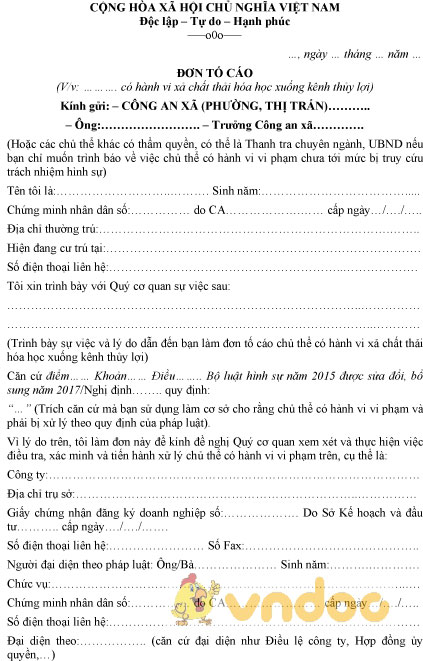 Mẫu đơn tố cáo xả chất thải hóa học xuống kênh thủy lợi