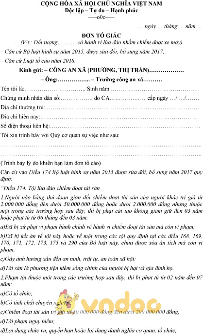 Mẫu đơn tố giác tội lừa xe máy