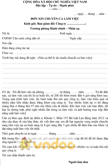 Mẫu đơn xin chuyển ca làm việc