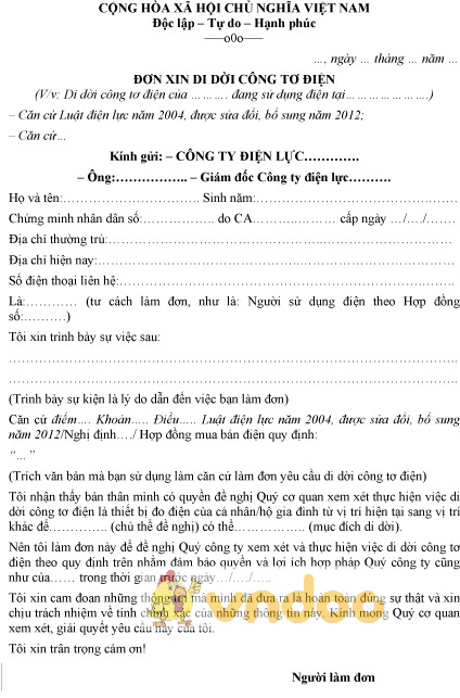 Mẫu đơn xin di dời công tơ điện