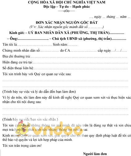 Mẫu đơn xin xác nhận nguồn gốc đất