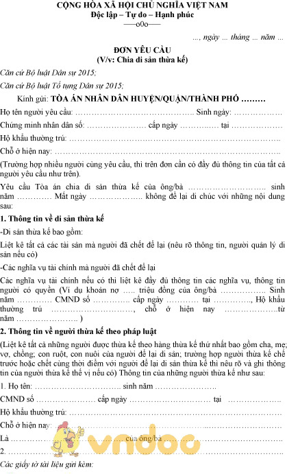 Mẫu đơn yêu cầu chia di sản thừa kế