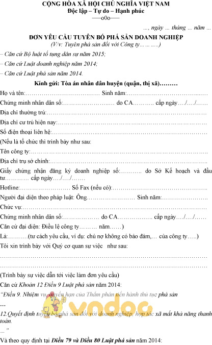 Mẫu đơn yêu cầu tuyên bố phá sản doanh nghiệp