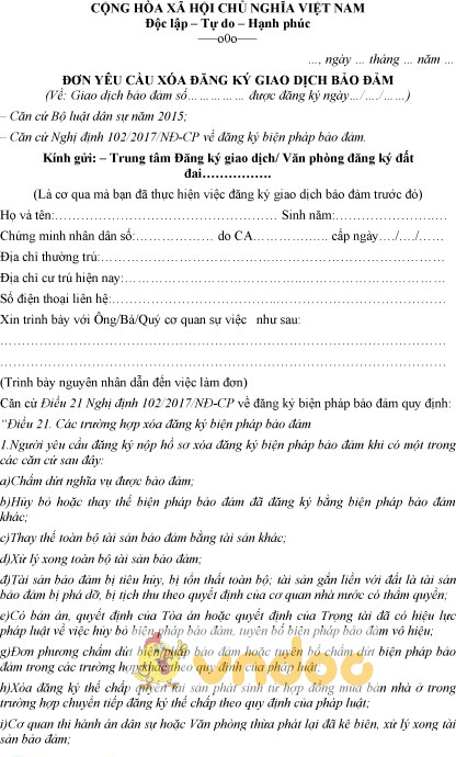 Mẫu đơn yêu cầu xóa đăng ký giao dịch bảo đảm