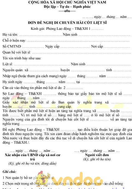 Mẫu đơn đề nghị di chuyển hài cốt liệt sĩ