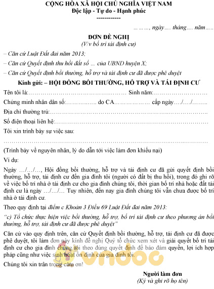 Mẫu đơn đề nghị tái định cư