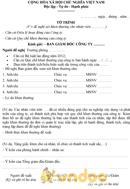 Mẫu đơn đề xuất khen thưởng