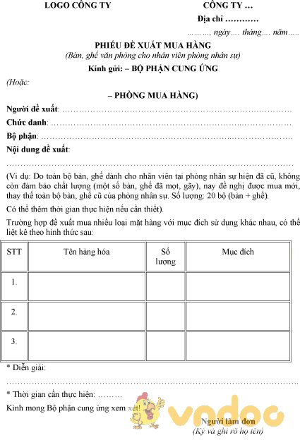 Mẫu đơn đề xuất mua hàng