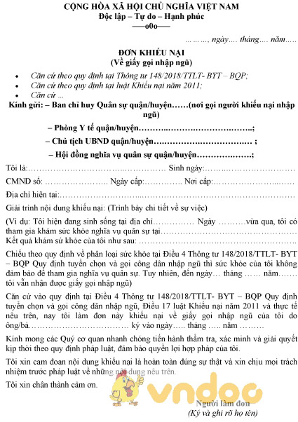 Mẫu đơn khiếu nại nghĩa vụ quân sự