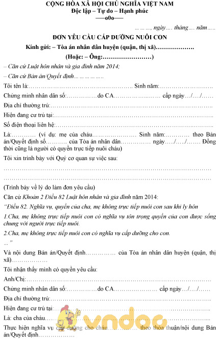 Mẫu đơn yêu cầu cấp dưỡng nuôi con