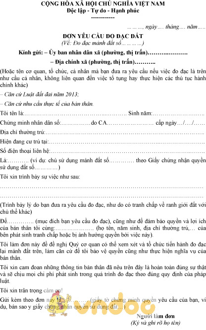 Mẫu đơn yêu cầu đo đạc đất