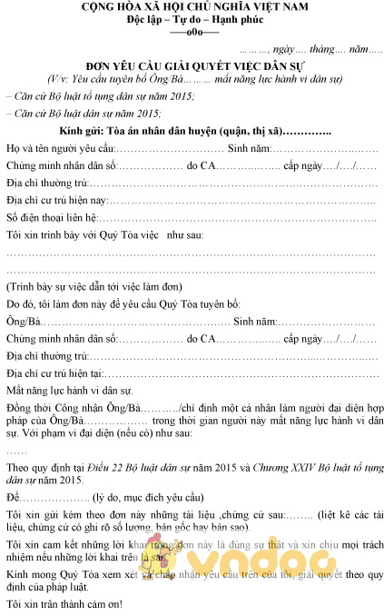 Mẫu đơn yêu cầu giải quyết việc mất năng lực hành vi dân sự