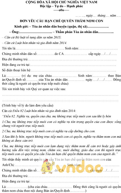 Mẫu đơn yêu cầu hạn chế quyền thăm nom con