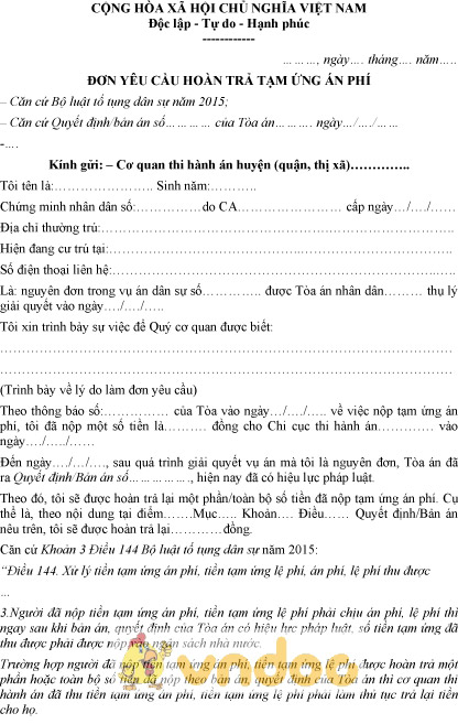 Mẫu đơn yêu cầu hoàn trả tạm ứng án phí