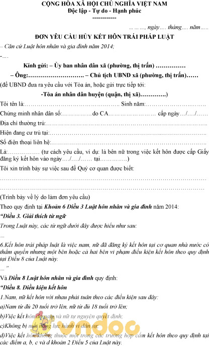 Mẫu đơn yêu cầu hủy kết hôn trái pháp luật