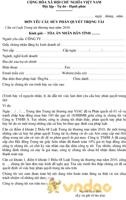 Mẫu đơn yêu cầu hủy phán quyết trọng tài