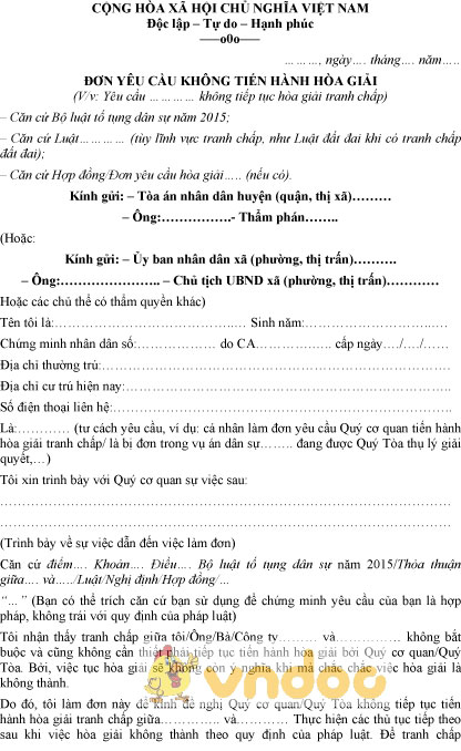 Mẫu đơn yêu cầu không tiến hành hòa giải
