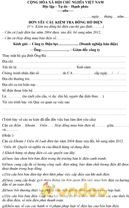 Mẫu đơn yêu cầu kiểm tra đồng hồ điện