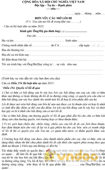 Mẫu đơn yêu cầu mở lối đi