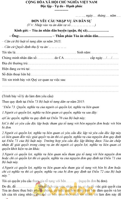 Mẫu đơn yêu cầu nhập vụ án dân sự