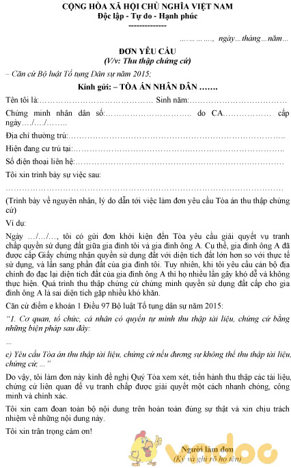 Mẫu đơn yêu cầu tòa án thu thập chứng cứ