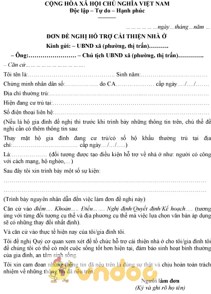Mẫu đơn đề nghị hỗ trợ cải thiện nhà ở