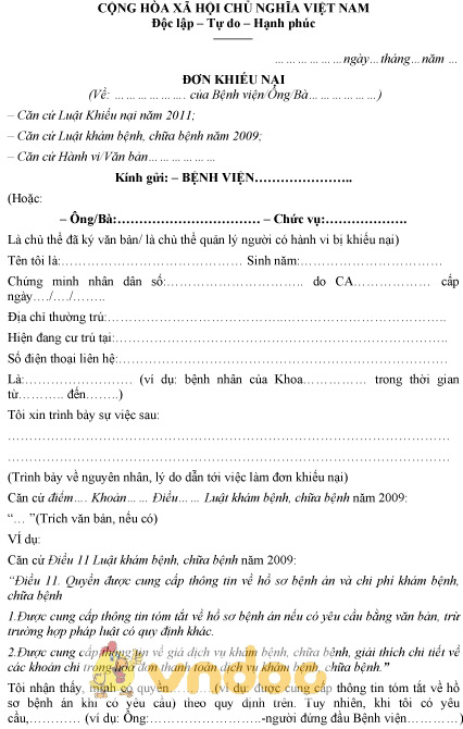 Mẫu đơn khiếu nại bệnh viện