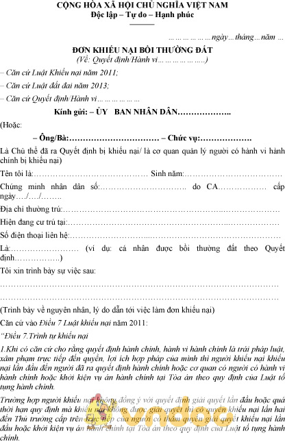 Mẫu đơn khiếu nại bồi thường đất