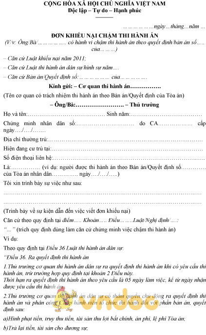 Mẫu đơn khiếu nại chậm thi hành án