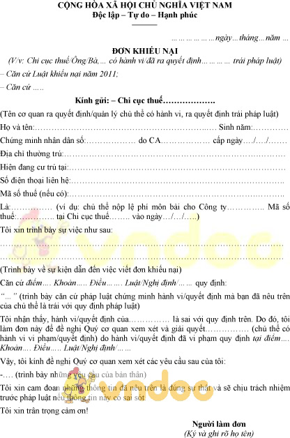 Mẫu đơn khiếu nại chi cục thuế