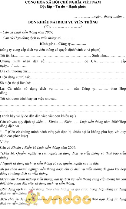 Mẫu đơn khiếu nại dịch vụ viễn thông