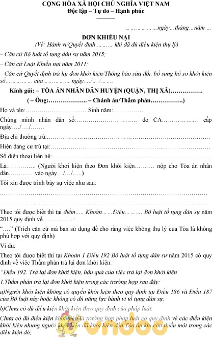 Mẫu đơn khiếu nại đủ điều kiện thụ lý gửi tòa án