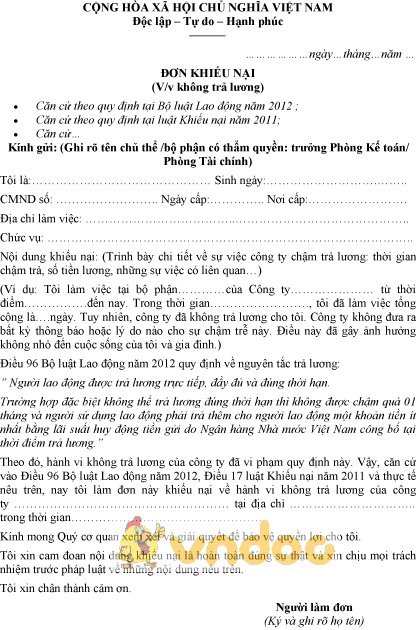 Mẫu đơn khiếu nại không trả lương