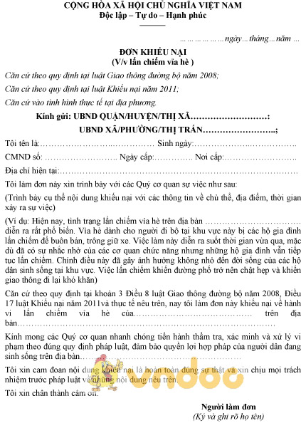 Mẫu đơn khiếu nại lấn chiếm vỉa hè