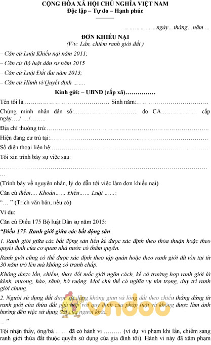 Mẫu đơn khiếu nại về ranh giới đất