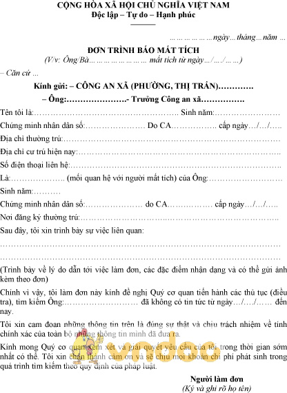 Mẫu đơn trình báo người mất tích