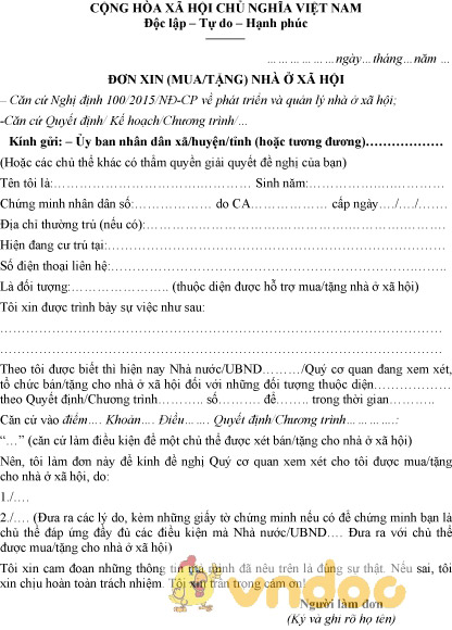 Mẫu đơn xin nhà ở xã hội