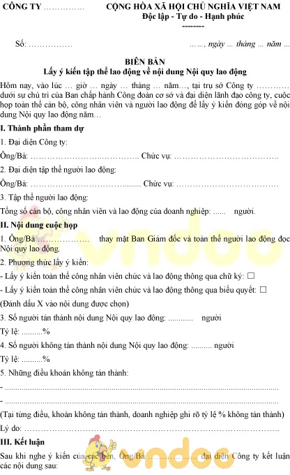 Mẫu biên bản lấy ý kiến tập thể lao động về nội dung nội quy lao động