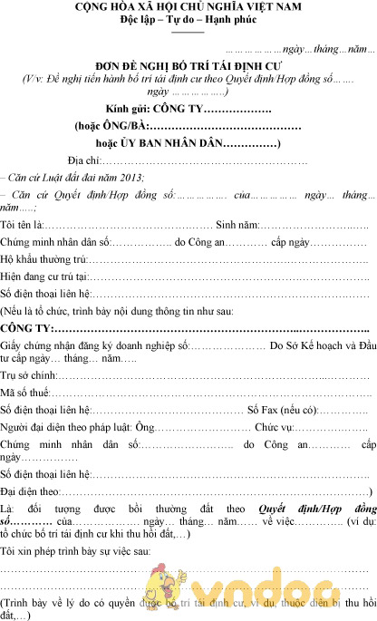 Mẫu đơn đề nghị bố trí tái định cư